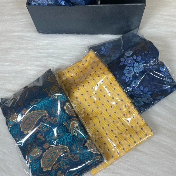 HISDERN Mens 3 Pcs Neckties Tie and Pocket Square Set Blue Yellow - Picture 3 of 11